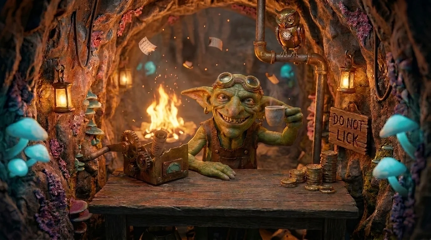 The same goblin, calm and content, cradling a mug of tea beside one warm glowing tool where the invoice-avalanche used to be