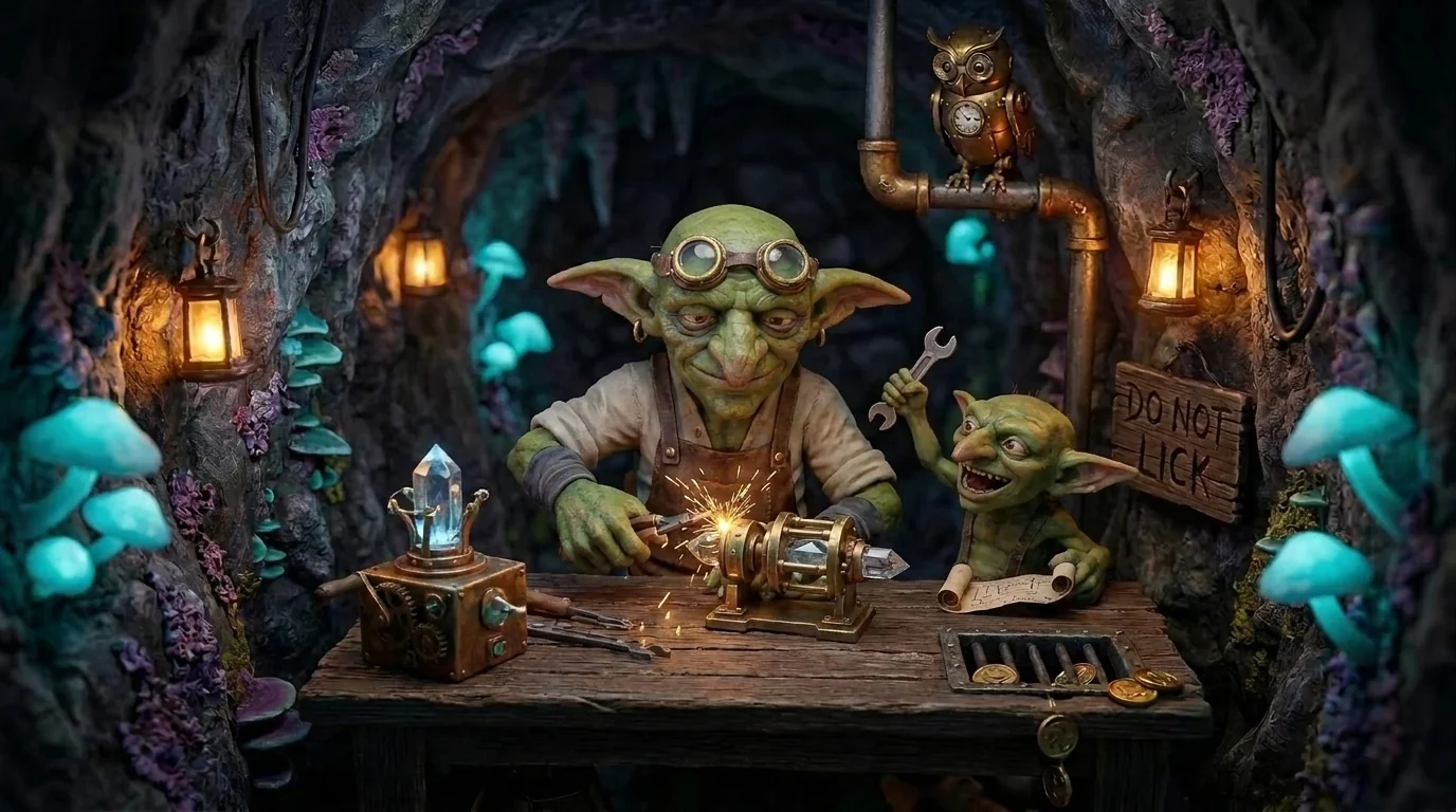 The goblin happily building his own custom brass gadget while an eager little helper-goblin hands him a wrench