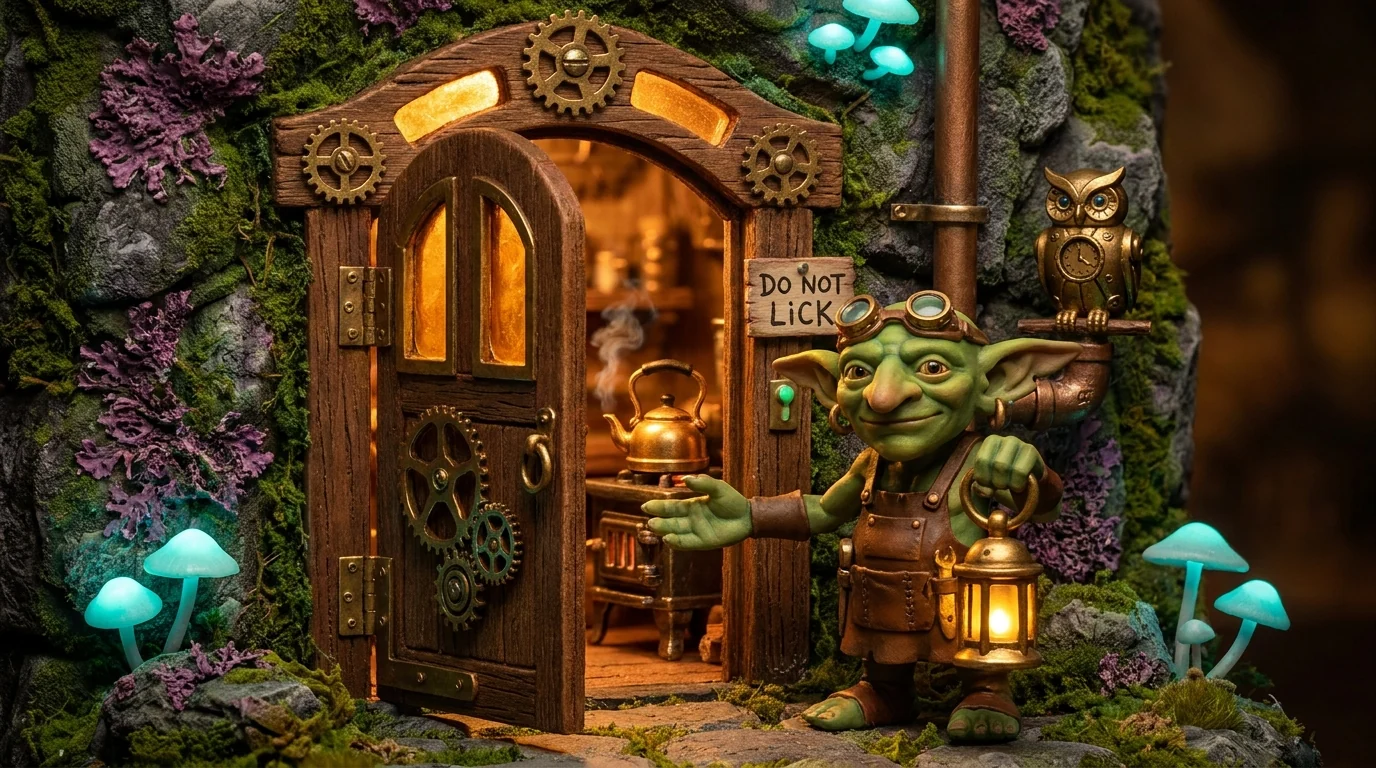 A warm glowing doorway carved in the mine wall, kettle steaming inside, a friendly goblin with a lantern welcoming you through