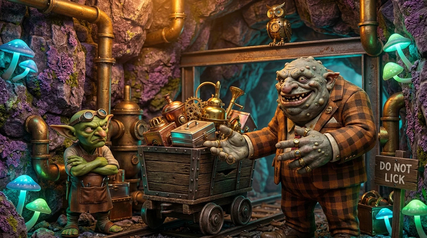A slick troll huckster in a loud checkered suit hawking a mine-cart piled with overpriced gadgets to a skeptical goblin
