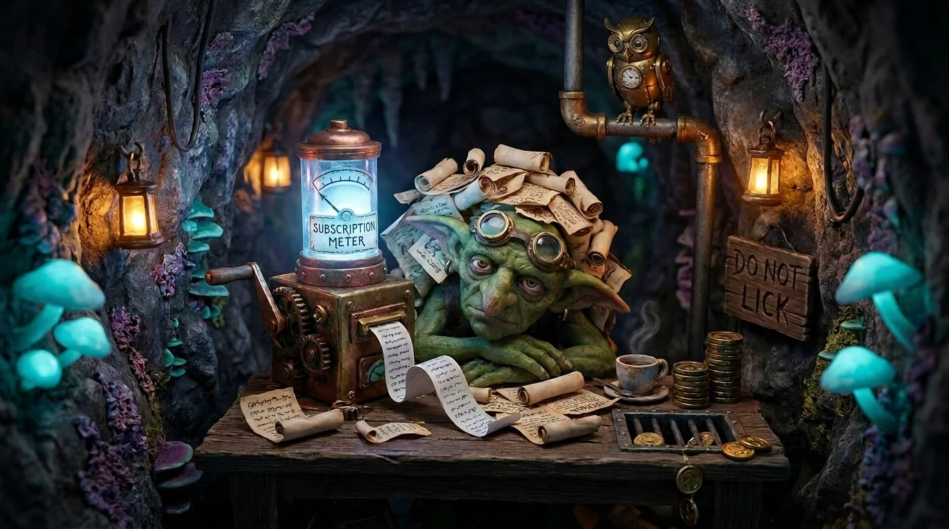 A weary goblin buried in renewal-scrolls beside a brass Subscription Meter cranking out endless invoices in the mine
