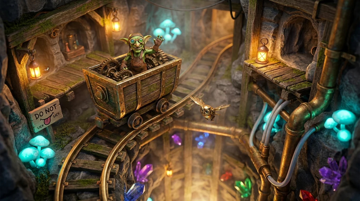 A wide shot of the goblin mine cart at the top of a gem-lit mineshaft spiraling into the depths, a goblin waving you aboard