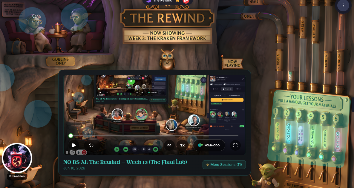 The Rewind screening room: a goblin lounge with the class video playing and glowing lesson handles on the right.